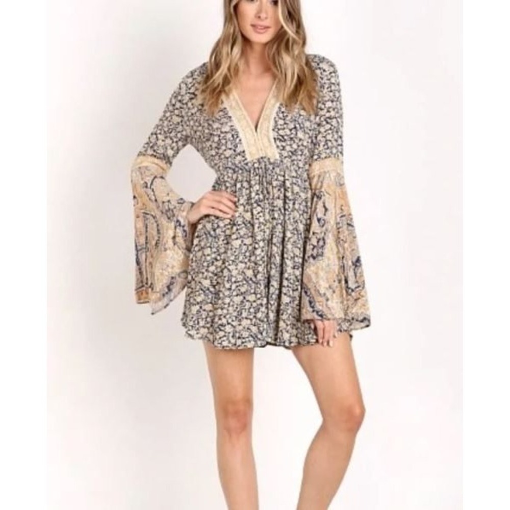 Free People Small Playsuit Romper Navy Floral Paisley Bell Sleeve Open Back Boho